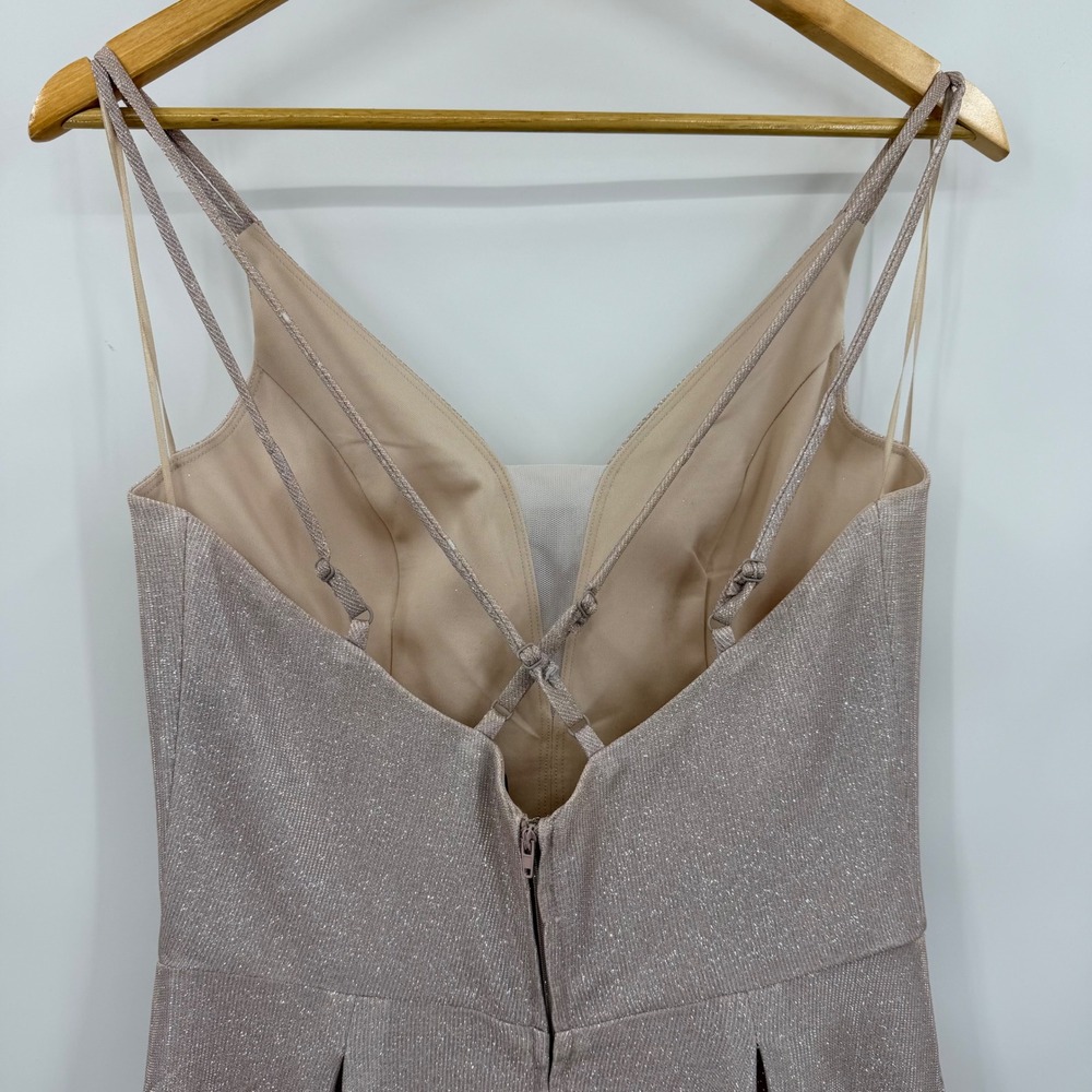 Crystal Doll Champagne Gold Glitter Gown V-Neck Pleated Maxi Dress Pockets 13 - Picture 4 of 7
